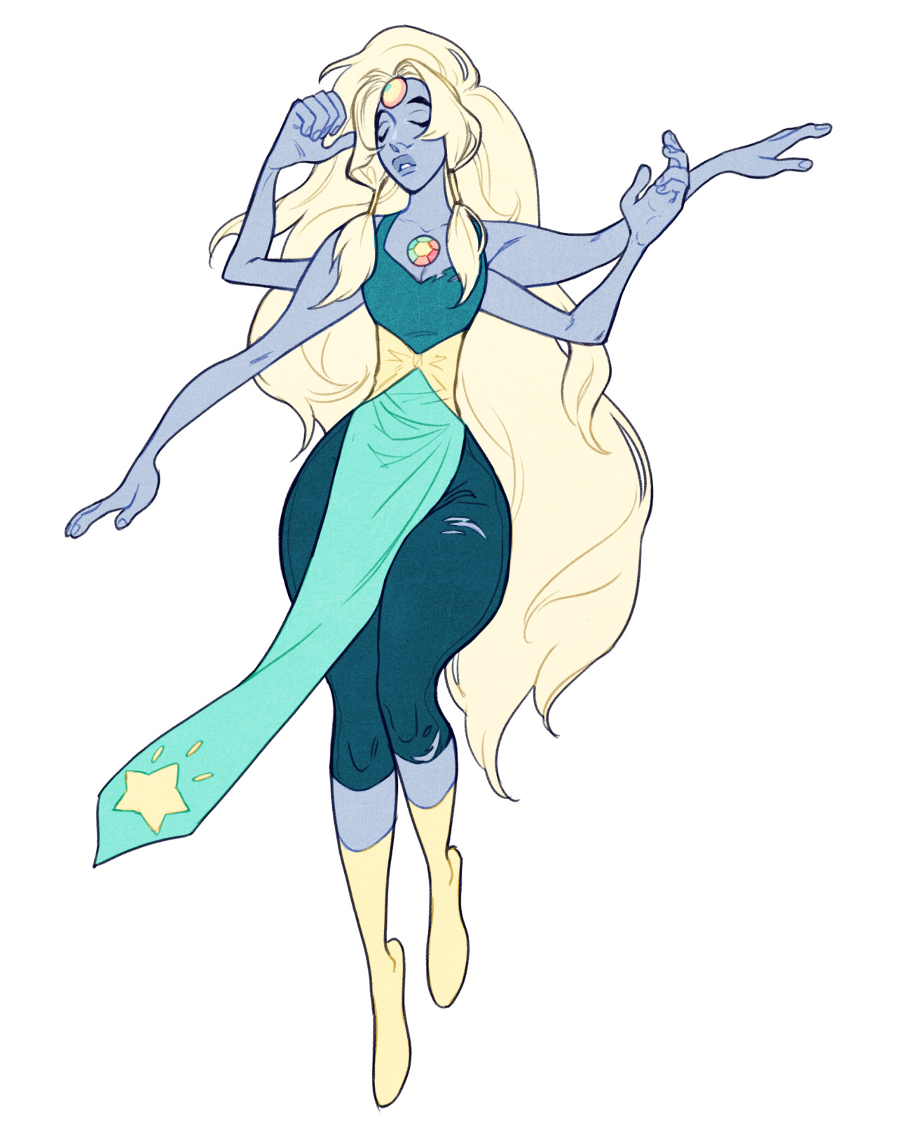 this is an illustration of the character opal from the cartoon steven universe. she is a fusion of the characters amethyst and pearl, and as such has four arms. she is tall and slender with pale blue skin, pale yellow hair, and four arms. she is wearing a teal and green crop top and leggings with a flowing teal sash. her gemstone is located in the center of her chest.