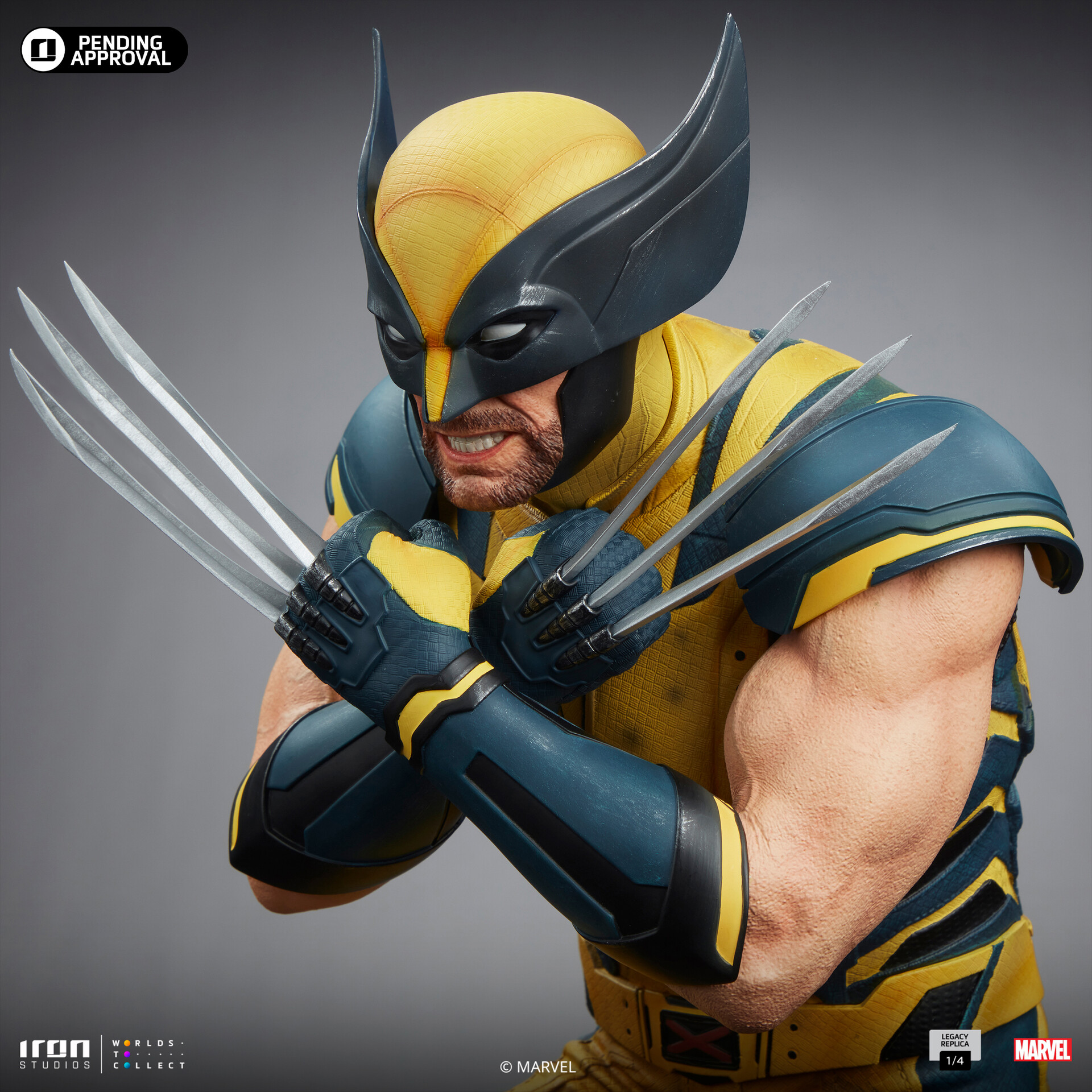 a closeup image showcasing an iron studios wolverine bust. the statue captures wolverine in his classic yellow and blue costume, his adamantium claws extended and crossed in front of his face. the detailed sculpt highlights the character's fierce expression and muscular physique. the statue is set against a neutral gray background, emphasizing the vibrant colors and intricate details of the piece.