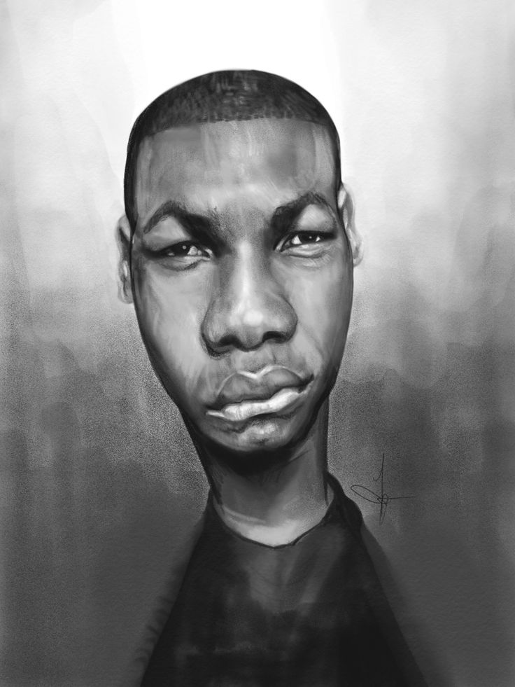 a black and white digital painting of a caricature of john boyega. the artwork exaggerates his facial features.