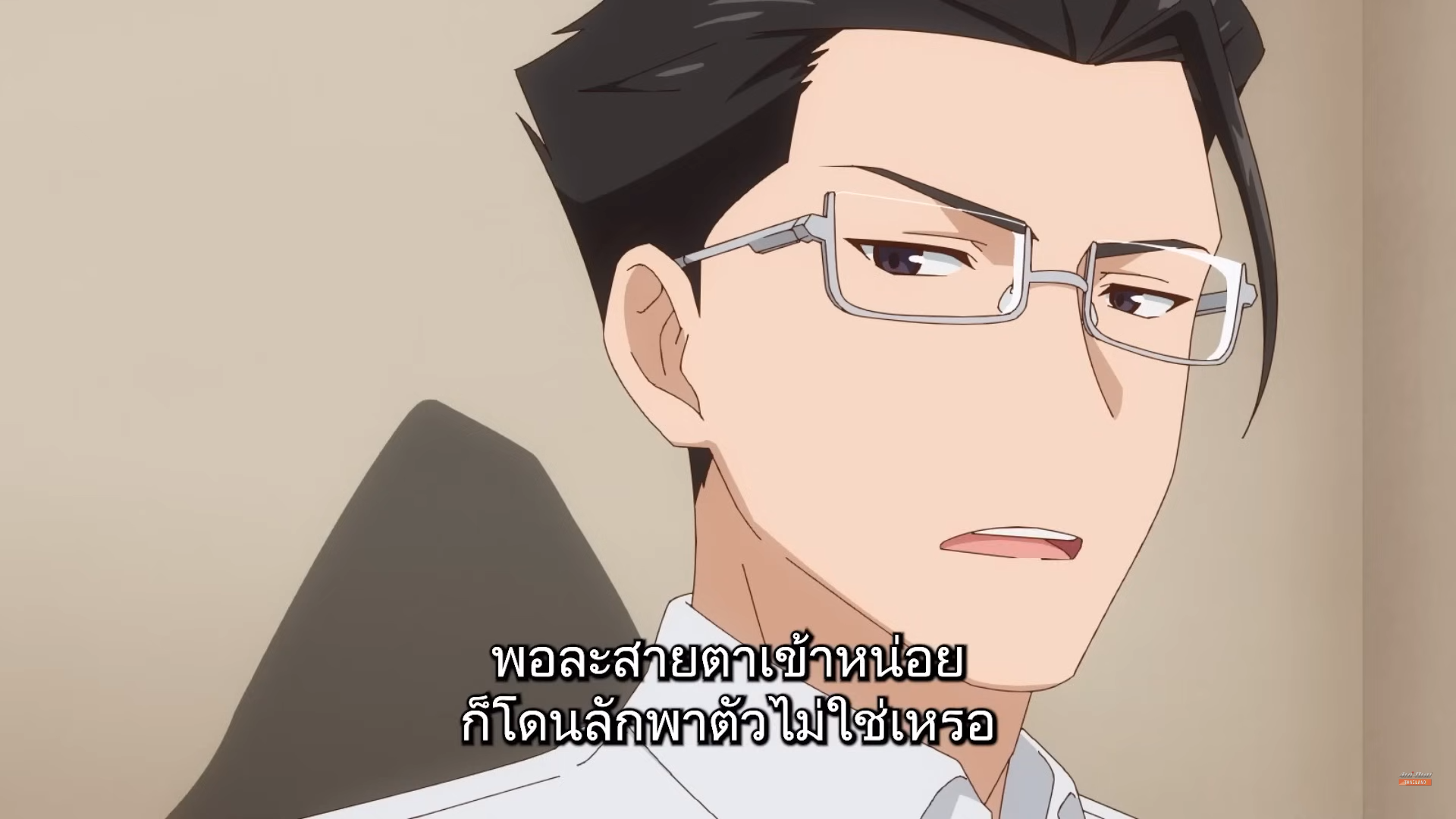 a screenshot from an anime showing a closeup of a man's face. the man has dark hair, dark eyebrows and is wearing glasses. he looks concerned. there is japanese text in the bottom left corner.  the background is light beige.