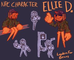 a cartoon character concept sheet titled “npc character ellie d.” shows the character in a variety of poses. the character has a vintage computer monitor as a head and wears a backwards baseball hat. the character appears to be holding a stop sign in some poses.