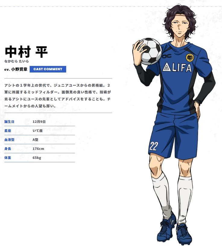 this is an anime illustration of nakamura taira from the blue lock manga series. he is a soccer player who is part of the alifa team.  in the illustration, he is holding a soccer ball and wearing a blue uniform with the number 22 on his shorts. the illustration also includes his character stats, such as his birthday, blood type, height and weight.  there is also a description of his personality.