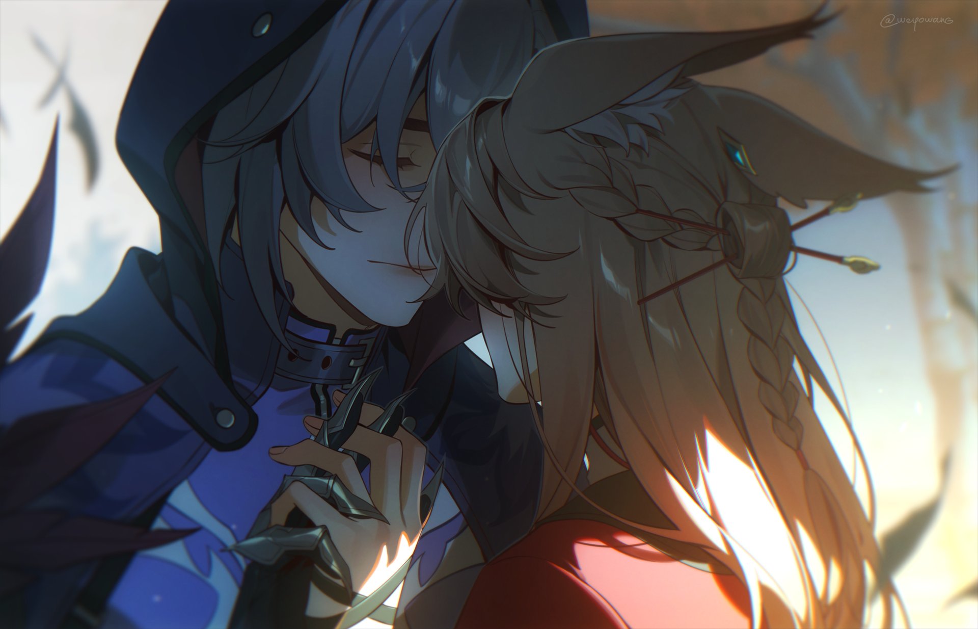 this is a digital illustration of two anime characters, albedo and ganyu from genshin impact, in a closeup portrait. they are both looking at each other with affection, and albedo is touching ganyu's cheek with his hand. the background is a soft blur of colors, which helps to focus attention on the characters. the art style is very detailed and realistic, with intricate details in the characters' clothing, hair, and eyes. the overall mood of the image is one of love, tenderness, and romance.