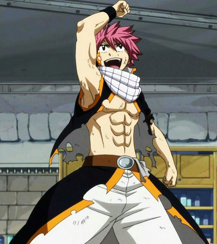 the image shows a strong anime character, natsu dragneel from the popular manga and anime series fairy tail. he is in a fighting stance, with his right arm raised and his fist clenched. he has pink hair, a muscular build, and a confident expression on his face. he is wearing a black, orange, and white outfit with a torn and ragged appearance, suggesting that he has been through a battle. the background suggests he is in a building or some sort of a facility. overall, the image conveys a sense of power, energy, and excitement, typical of anime and manga characters.