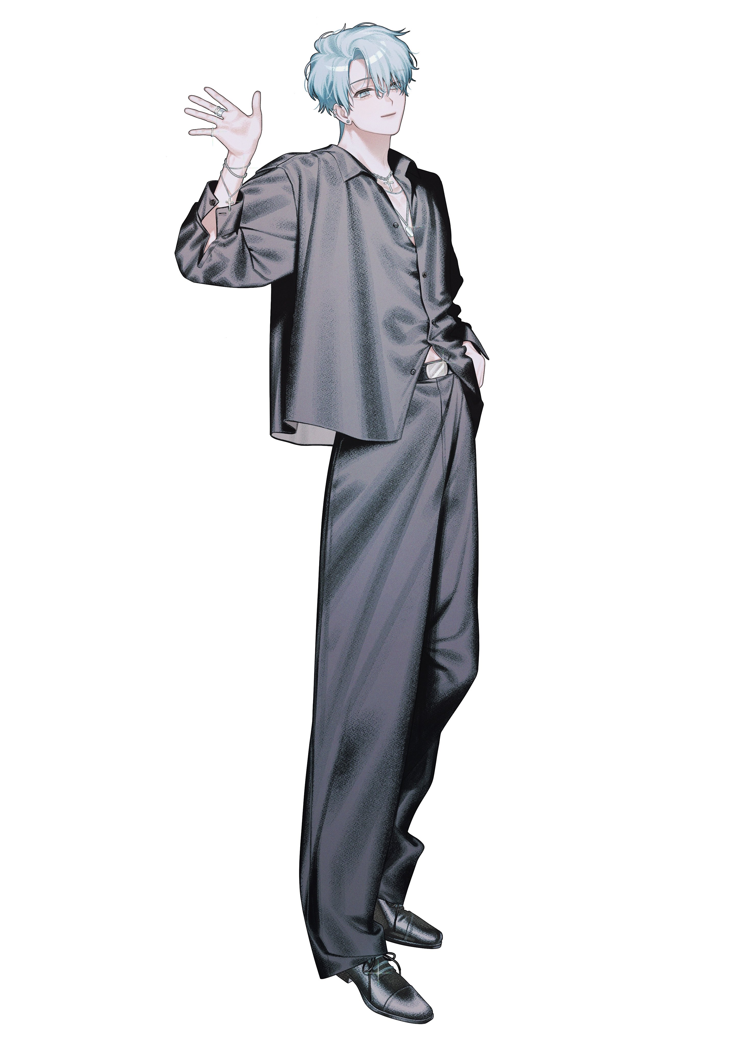 he image showcases a stylized animestyle illustration of a young man. he's depicted in a sophisticated pose, one hand raised in a gentle wave, the other resting casually near his hip.  his attire consists of a dark gray, almost silkenlooking, open shirt over matching trousers and dark shoes, giving a sleek and somewhat formal appearance. his light blue hair is neatly styled, and his expression is calm and slightly suggestive of a welcoming demeanor. the art style is clean and refined, with soft shading and attention to detail in the clothing and hair. the background is plain white, allowing the figure to be the central focus.