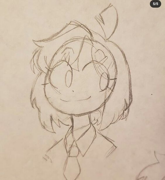 a simple, pencil sketch of a young girl with short, slightly messy hair and large eyes. she has a mischievous, happy expression and appears to be wearing a collared shirt and tie. the style is cartoonish and lighthearted.