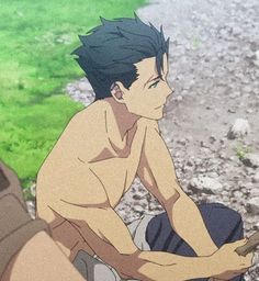 a shirtless, muscular anime man with green hair and green eyes sits outdoors on the ground. the background suggests a grassy area with rocks and a dirt path.