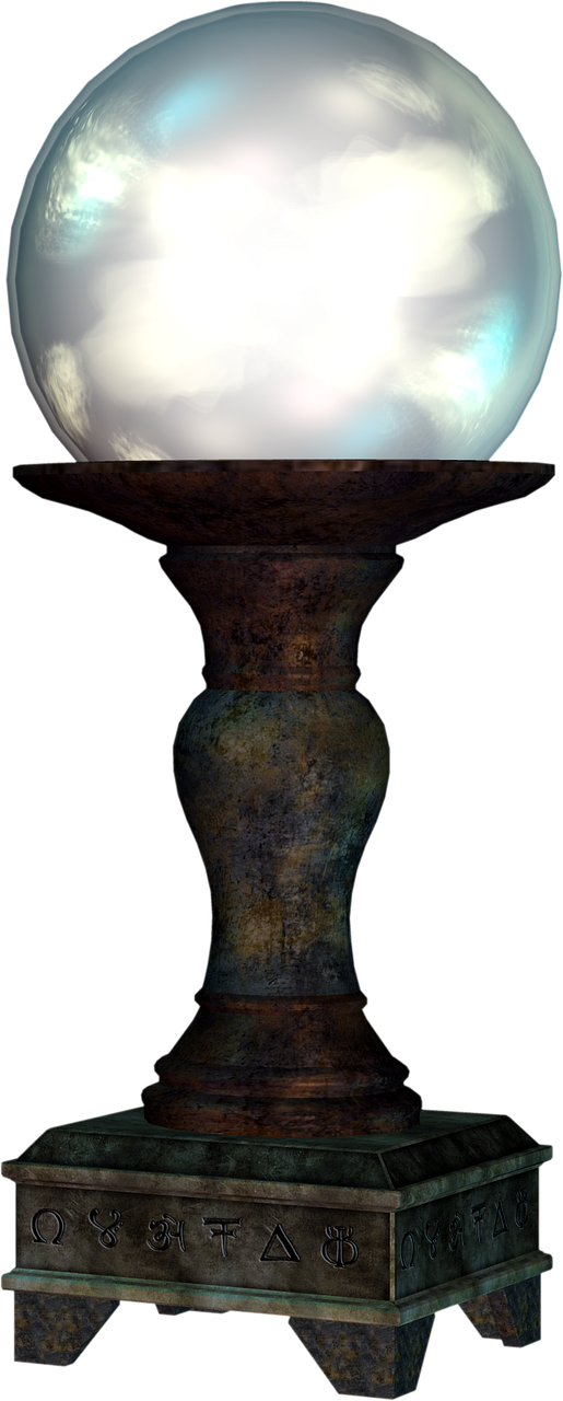 the image shows a crystal ball on a weathered, tarnished pedestal. the pedestal has runes inscribed on its base. the crystal ball appears to have clouds inside.