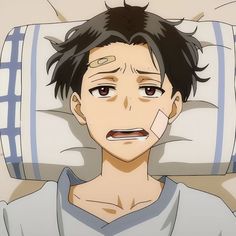 a young, paleskinned, anime boy with short dark hair lies in a hospital bed with a sad expression. he has a bandage on his forehead and cheek and his mouth is open as if he is struggling to breathe. he appears to be ill or injured. the color palette is muted, emphasizing the boy's unwell state. the closeup perspective allows the viewer to focus on the boy's facial expression and emotions.