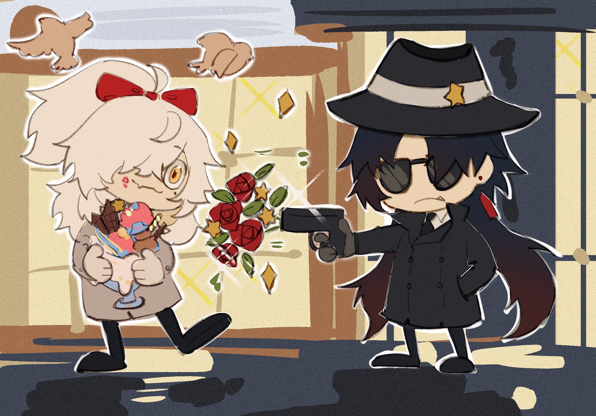 a cartoon drawing of a girl with long blonde hair holding an ice cream sundae and a man with a black coat and sunglasses holding a gun and pointing it towards the girl, red roses are shooting out of the gun.