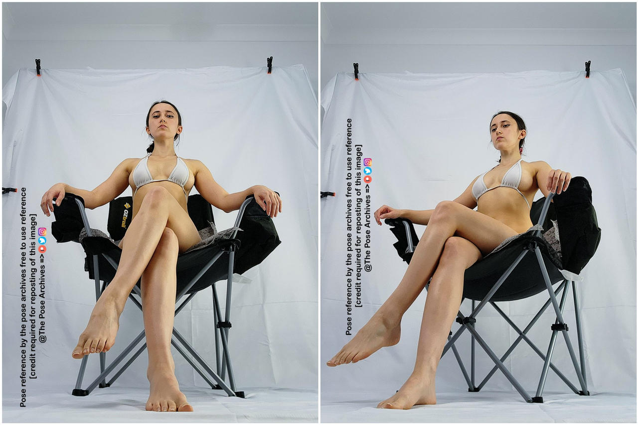 a young woman in a white bikini top and dark bottoms confidently poses while sitting in a gray camp chair against a white backdrop. the image is a diptych, presenting two slightly different versions of the same pose for artists to use as reference.