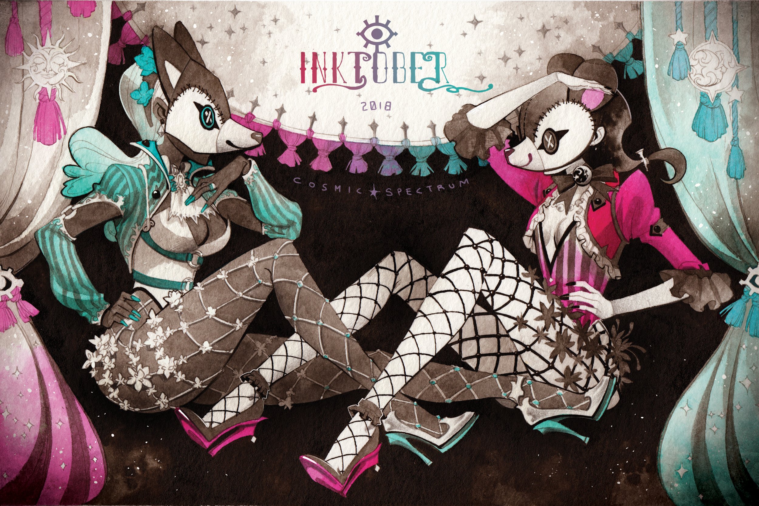 this digital painting, titled "inktober 2018: cosmic spectrum," depicts two anthropomorphic characters, a fox and a panda, in elaborate burlesquestyle costumes. they are posed against a dark background adorned with stars and positioned within a theatrical setting, suggested by draped curtains and celestial motifs.  both figures wear masks and fishnet stockings, complemented by high heels, creating an air of mystery and elegance. the style blends fantasy art with elements of circus or vaudeville aesthetics, using a vibrant yet somewhat subdued color palette that incorporates shades of teal, pink, and black. the overall composition is dynamic and detailed, showcasing a masterful blend of watercolor and digital painting techniques.