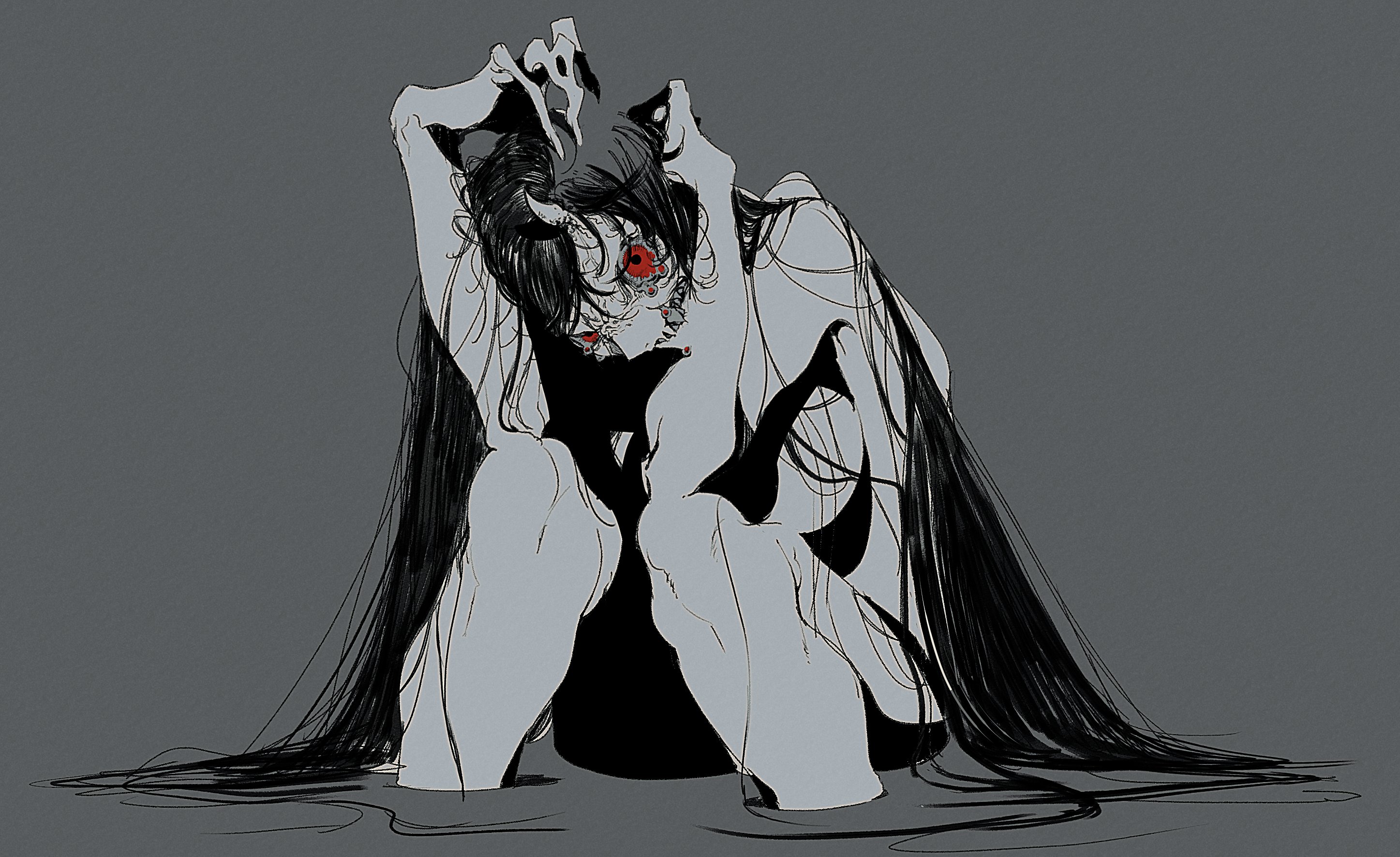the image is a digital drawing or painting in a dark, monochrome style. it depicts a young woman or possibly a demonic female character with long black hair and small horns. she has multiple red eyes and appears distressed, with her hands near her face as if clutching her head. the style is reminiscent of anime or manga, with a focus on lines and shading to create depth and emotion.  the overall mood is dark, melancholic, and slightly disturbing. the figure is centrally placed, and her long hair spills out around her. the background is a simple, uniform gray that contrasts the detailed figure.