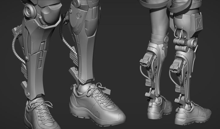 three views of the same 3d model of robotic legs sculpted with visible mechanical and electrical details. the legs have a sleek, futuristic design, and transition into athletic shoes at the feet.