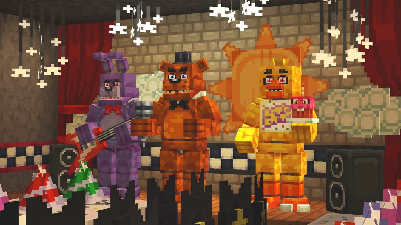 the image shows a band of three animatronic characters on a stage, rendered in the blocky style of the video game minecraft. from left to right, the characters are bonnie the bunny playing a guitar, freddy fazbear holding a microphone, and chica the chicken holding a cupcake and a smaller animatronic resembling bonnie. the stage has a black and white checkered floor and red curtains with white star decorations hanging from the ceiling. there are party hats and presents scattered on the edge of the stage, suggesting a birthday celebration. the lighting appears to be artificial, possibly spotlights focused on the performers.