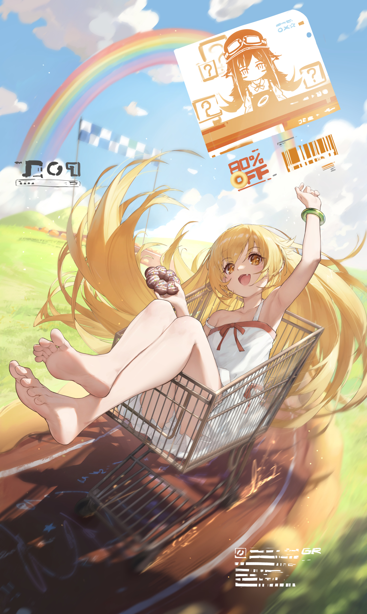 an animestyle image features a fairskinned girl with long, flowing blonde hair and bright yellow eyes. she is sitting in a metal shopping cart, holding a donut in her right hand, and raising her left arm in excitement. the girl is barefoot and wears a simple white dress with a red ribbon detail. in the background, there is a vivid rainbow stretching across the sky, and a racing flag adds a touch of whimsy to the scene. a coupon offering an 80% discount floats nearby, complete with a barcode. the overall style is bright, cheerful, and stylized, with a sunny ambiance created by the sky and clouds.