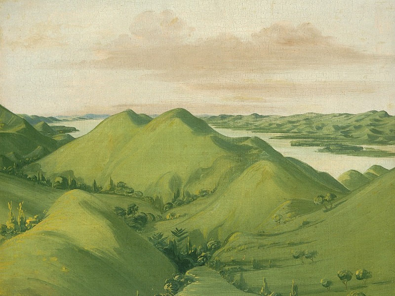 a painting depicts a green, hilly landscape under a pale, cloudy sky. the scene shows rounded hills and mountains receding into the distance, with bodies of water visible in the background. the hills are covered in various shades of green, and some trees dot the landscape. the overall impression is peaceful and serene.
