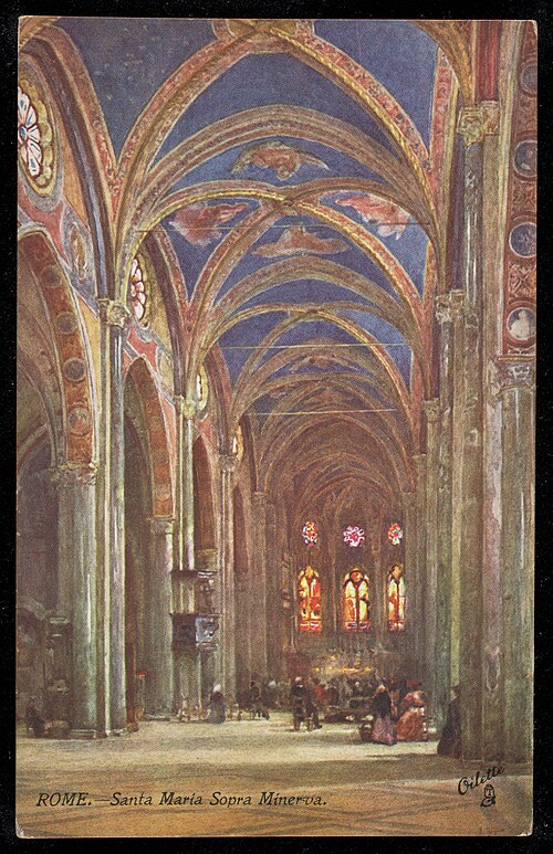 the image shows the interior of the santa maria sopra minerva church in rome. it's a gothic style with tall arches and columns. stained glass windows are visible. there are people, presumed worshippers, within the church. the image is a painting style artwork, likely derived from an old postcard. the ceiling is vaulted and intricately decorated.