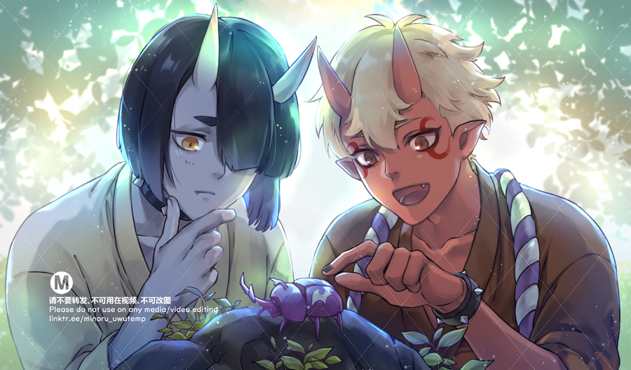 the image shows two anime characters, a young man with blonde hair and a young woman with dark blue hair. the young man has red horns and is wearing a brown shirt with a white and blue striped belt. the young woman has black horns and is wearing a white shirt with a yellow inner garment. they are standing together in a forest and are looking at a purple bug. the background is a lush green forest with white light coming through the leaves. the scene is whimsical and romantic. the characters look like they are having a fun and happy time together.