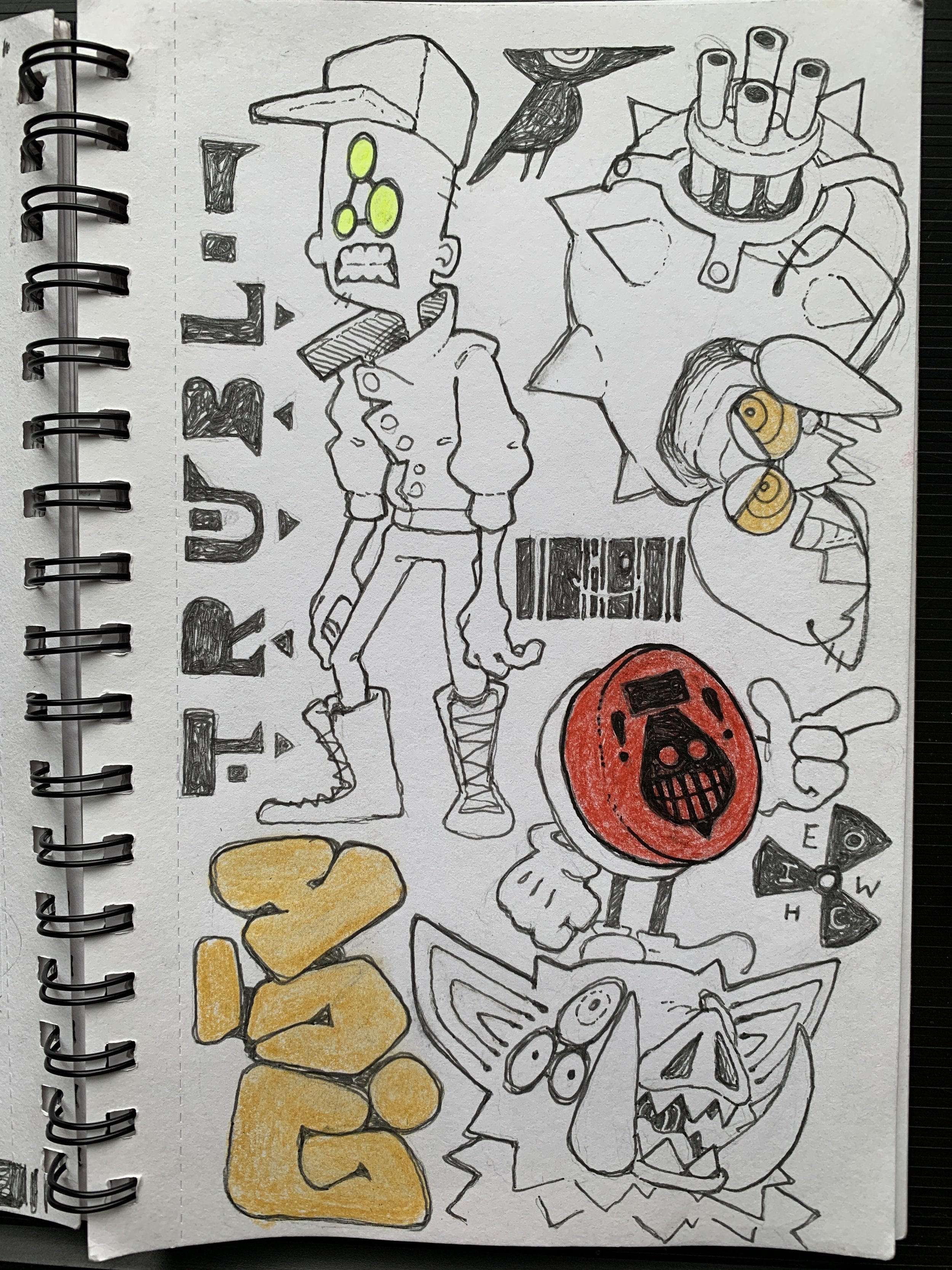 the image is a sketchbook page filled with various character sketches and graffitiinspired elements. a central figure with a glowing head and punk attire stands out, drawn in a dynamic, exaggerated style. other sketches include a monstrous creature's head, a robotic element, and a large red button featuring a skull symbol. the word "trouble" is boldly written in graffiti lettering, adding to the rebellious and edgy theme of the sketches. the overall style suggests a possible exploration of urban fantasy or cyberpunk themes.