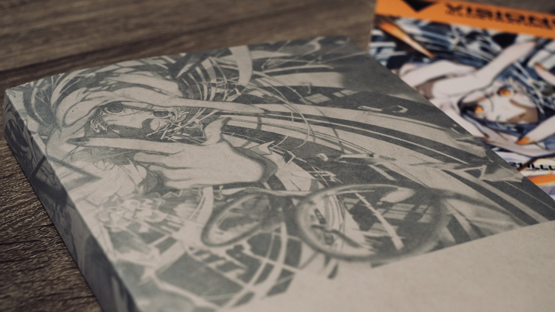 an art book sits on a wooden desk, its cover featuring a stylized black and white illustration.