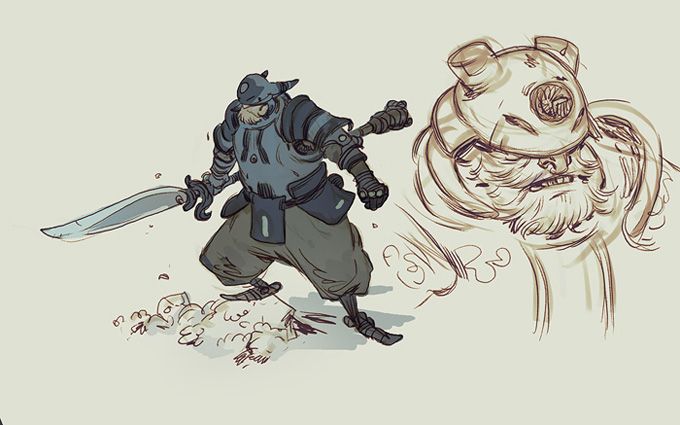 the image depicts a cartoonstyle character design of a warrior or knight in armor. the character is drawn in a dynamic pose, wielding a sword, with a helmet and beard. a separate sketch of the same character's head is included, possibly a different angle or variation. the style suggests a fantasy setting with elements of medieval or steampunk design. there is also some light foliage or debris around the feet of the warrior.