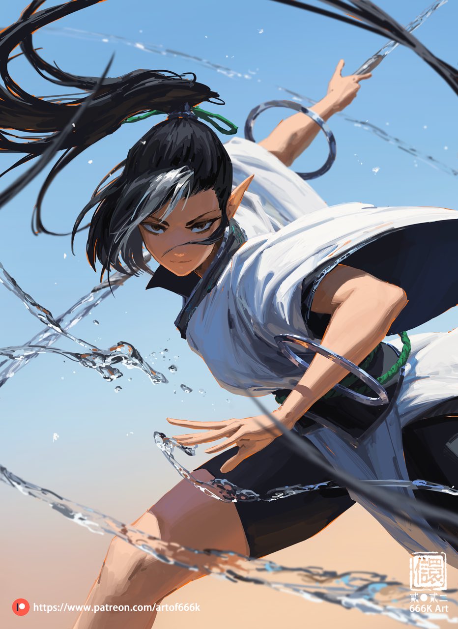 the image is a vibrant digital painting or illustration of a young animestyle female warrior in action. she possesses elflike ears and long, dark hair styled in a high ponytail with a noticeable gray streak.  she's wearing a flowing white and darkcolored outfit, adorned with bracelets and chains.  she's depicted in a dynamic, forwardfacing pose, midaction with water splashing around her as if she's moving with great speed. her expression is intense and determined. the background suggests a sunny outdoor setting, possibly a sandy area.  the overall style is sharp and detailed, with a focus on motion and energy. a watermark indicating the artist "666k art" is visible in the lower right corner.  a patreon link is also present.