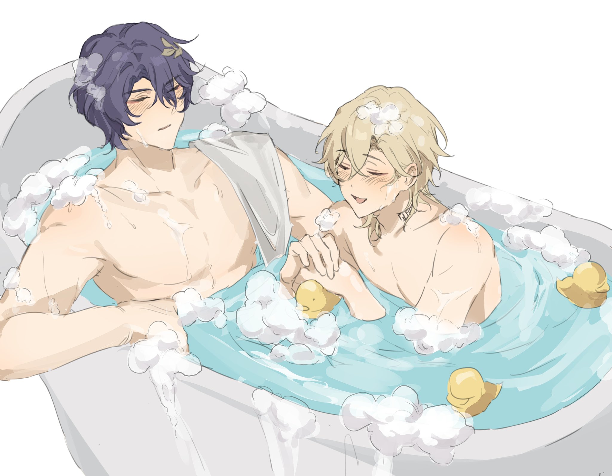 the image is a fanart illustration depicting two animestyle men, one with dark purple hair and one with light blond hair, relaxing in a bathtub together.  they are shirtless and surrounded by bubbles and rubber duckies. the scene is intimate and suggests a romantic relationship between the two. the art style is soft and pastelcolored. the overall mood is calm and serene.