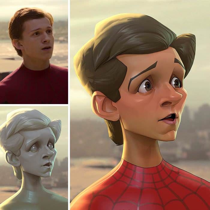 the image shows a collage of three depictions of tom holland as spiderman. the top left is a photo of tom holland. to the right is a digital illustration of him as spiderman in a stylized cartoon style. below the photo is a monochromatic statuelike render of his face, also in the same stylized cartoon style. the illustration and statue share a similar surprised or concerned expression, looking upwards.