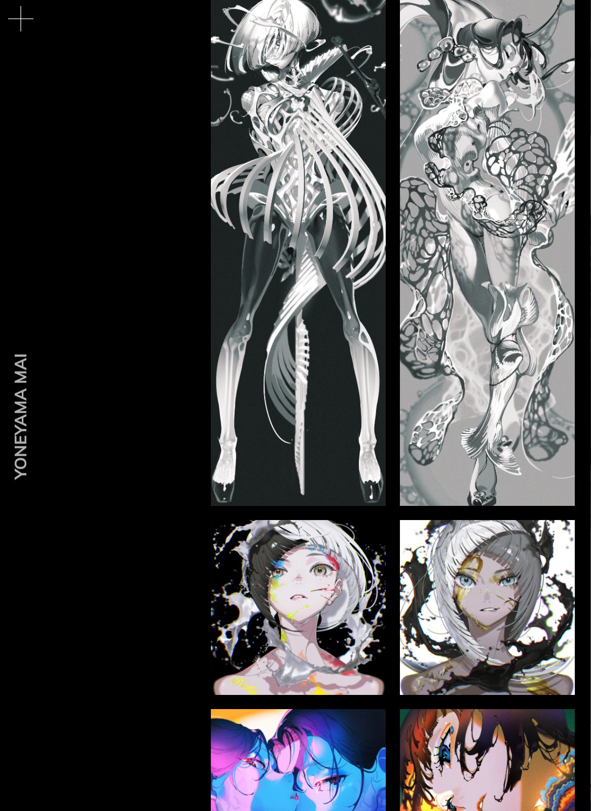the image showcases a collection of digital art pieces featuring female characters with a dark, futuristic, and somewhat grotesque aesthetic.  content: drawing, digital art, character design, concept art people: female characters environment: abstract backgrounds lighting: dramatic lighting, high contrast  perspective: frontal view, closeup shots kw: dark fantasy, cyberpunk, body horror, biomechanical, android, cyborg