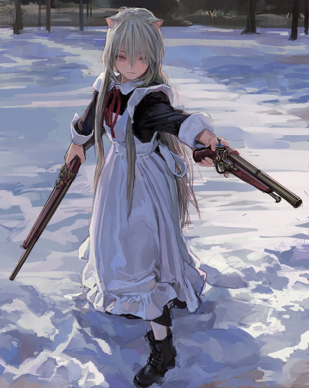 a full body anime drawing of a silver haired cat girl with red eyes. she wears a white maid apron dress over a black shirt. she wears black lace up boots. she is holding two double barrel shotguns in her hands. she is standing in a snow covered area with trees behind her.