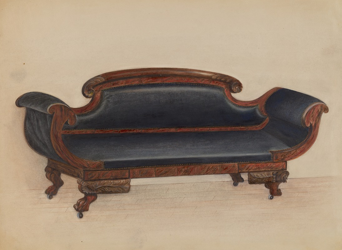 a drawing of an antique, upholstered sofa is displayed on a blank background. the sofa has a dark blue cushion and a dark wooden frame with curved armrests and legs. there are also small wheels attached to the legs.