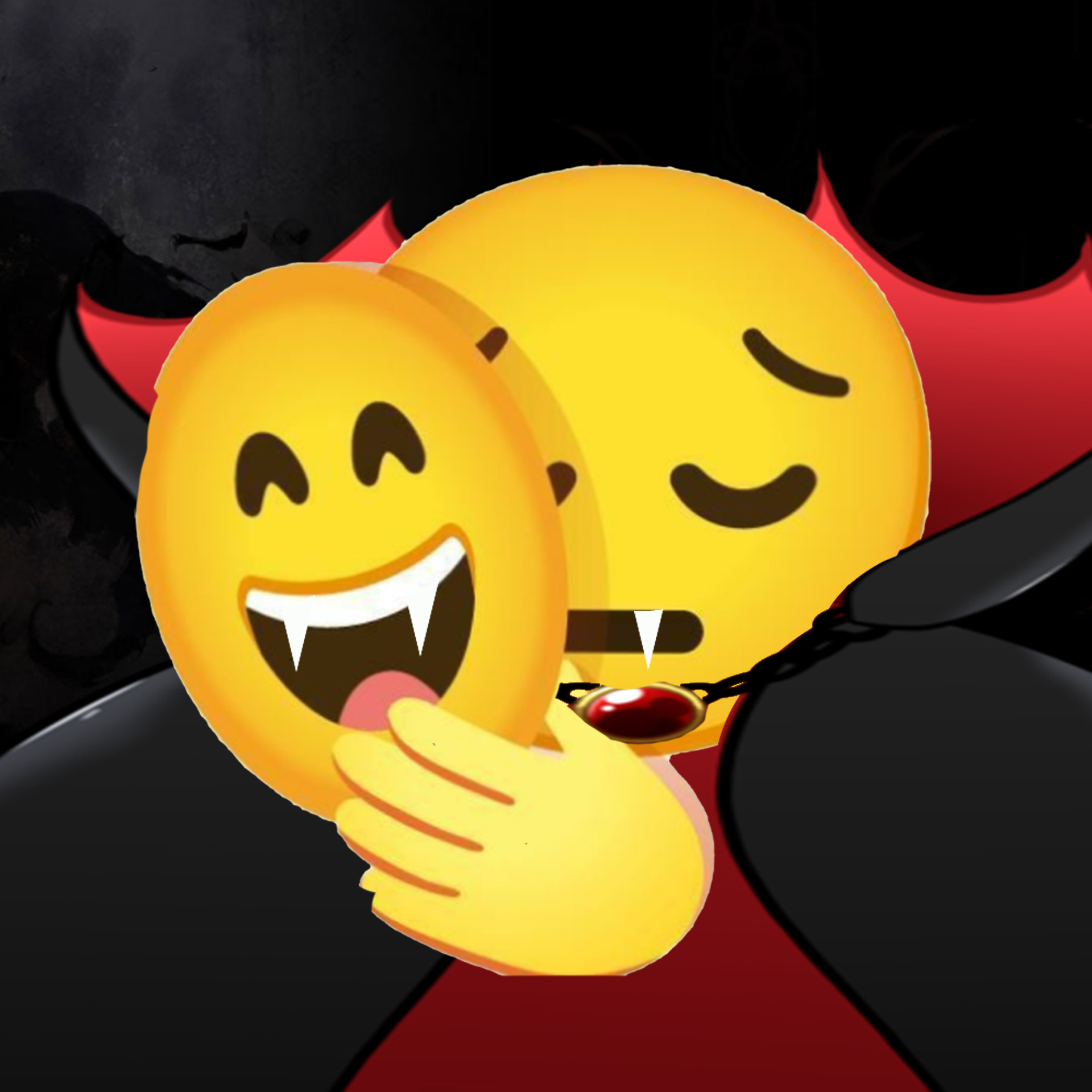 a yellow emoji in the shape of a vampire, with a happy emoji mask over its sad face. it is wearing a black cape with a red collar.