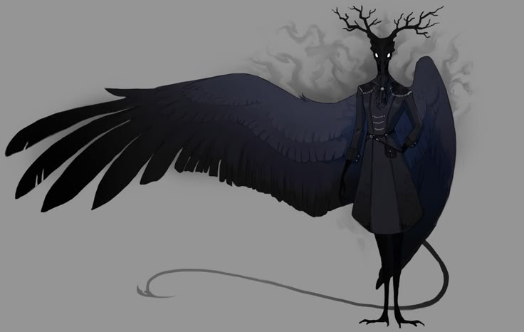 a stylized, dark fantasy illustration depicts a humanoid creature with large, ravenlike wings and tree antlers on its head. the creature is dressed in a dark coat and possesses a long, thin tail. the overall aesthetic is gothic and mysterious, with a focus on shadow and silhouette.