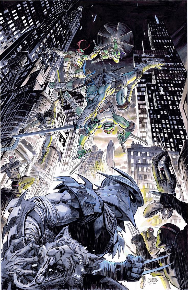the image depicts the teenage mutant ninja turtles in a fierce battle against the shredder and his foot clan. the turtles are in midair, attacking the shredder who is holding one of the turtles by the neck. the shredder is a large, imposing figure with a spiked helmet and a menacing expression. the turtles are all wearing their signature bandanas and carrying their katanas. the background is a dark and gritty cityscape. the scene is full of action and excitement, with the turtles and the shredder engaging in a deadly battle. the image is drawn in a comic book style with detailed lines and bold colors. it is a great example of the tmnt franchise's iconic action and intense fighting style.