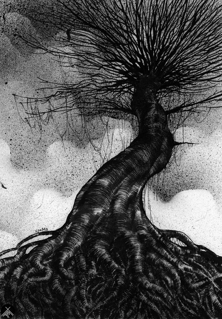 a black and white illustration of a gnarled tree with twisted branches and a thick root system. the tree is drawn in a dark and eerie style, creating a spooky and gothic atmosphere. the background is a dark gray, with a hint of white clouds in the distance. the tree appears to be very old and potentially dangerous, making it a mysterious and alluring subject.