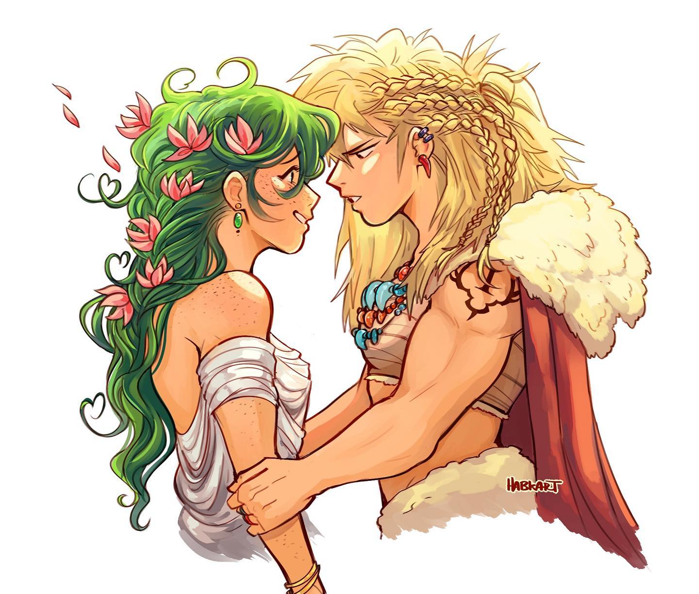 the illustration depicts a tender moment between two female characters in a fantasy setting.  one character, with flowing, green hair adorned with pink flowers, wears a simple, offtheshoulder white dress.  the other character is more muscular and rugged, sporting long blonde hair in intricate braids, a fur cloak, and tribalstyle jewelry. she has a tattoo on her arm.  both women are looking at each other lovingly as they embrace, suggesting a deep connection between them. the art style is vibrant, whimsical, and reminiscent of  a graphic novel or comic book.  the background is plain white, focusing all attention on the characters. the overall mood is romantic and hopeful.