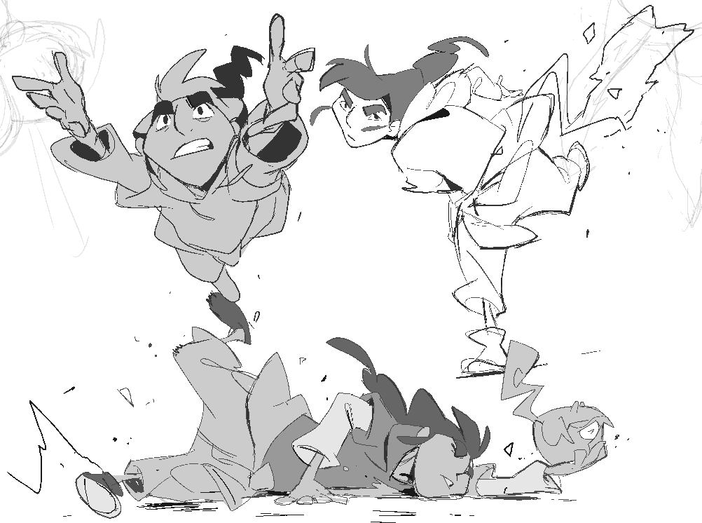 this is a sketch of four animated characters in the middle of a fight. they are all in dynamic poses, some in midair, suggesting a lot of action. there is a large, black and white, energy blast emanating from the top right of the image. the image is drawn in a simple, but expressive style, with bold lines. it appears to be a quick sketch of an action sequence from an animated story, such as a comic or anime.