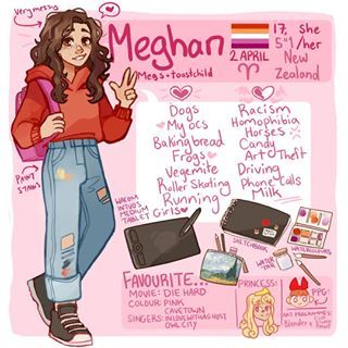 this is a digital illustration of a girl named meghan. it's a portrait in anime style, and features details about her such as her age, height, birthday, zodiac sign, and a list of hobbies she enjoys. she is drawn with a red hoodie and blue jeans, with her brown hair drawn long and straight and a few strands of her hair framing her face. the background of the image is a pink color, which helps to highlight the character. it is a very cute and friendly illustration.
