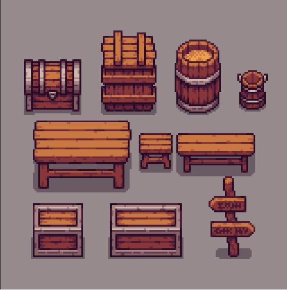 a pixel art asset pack that could be used in a video game containing two different styles of wooden chests, two different wooden barrels, a wooden bucket, a wooden table with matching stool and bench, two wooden signs, and a wooden directional sign.