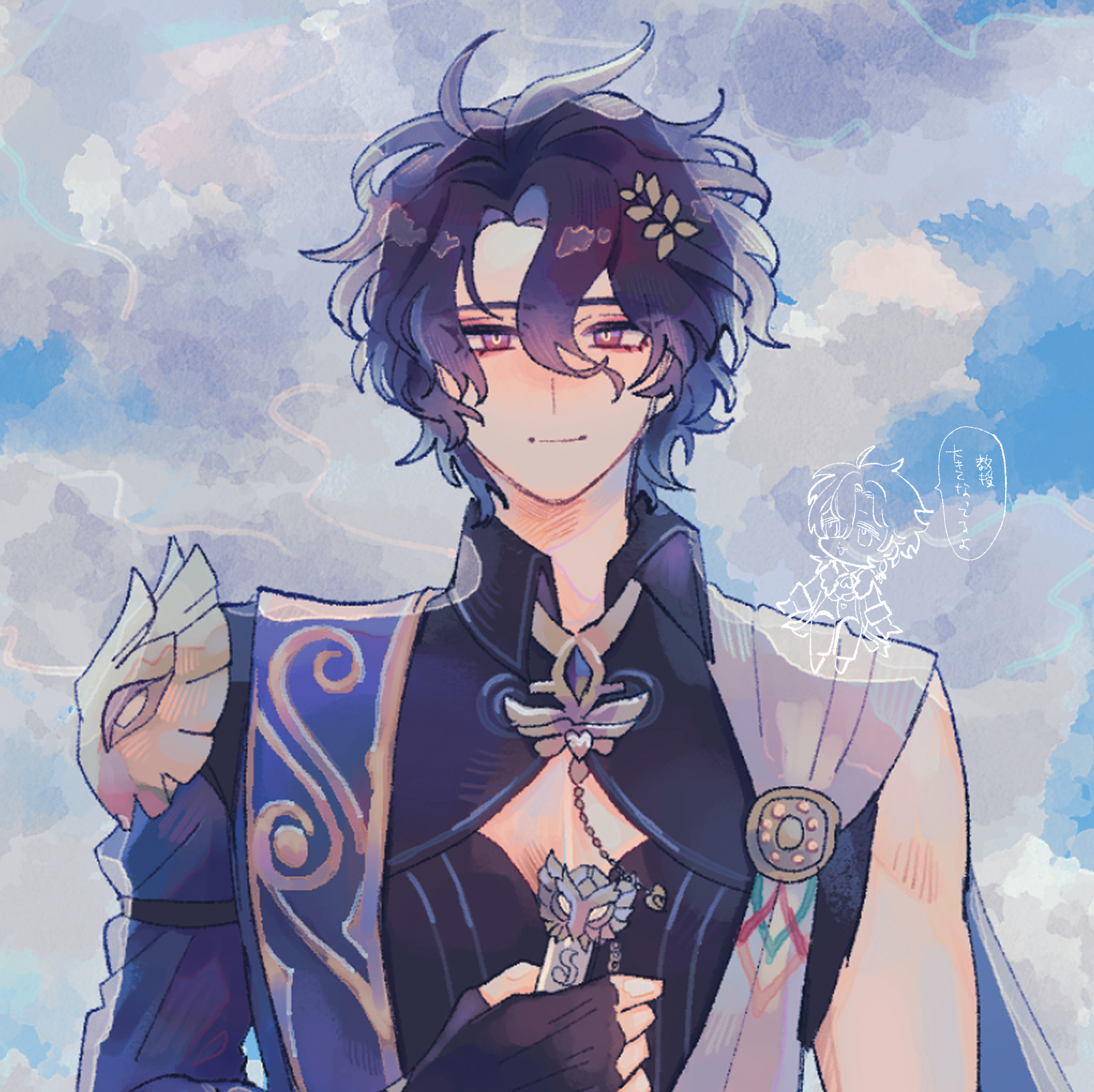 the image is a digital fanart depicting heizou, a character from the popular video game genshin impact. he is portrayed in a stylized anime style, with soft, pastel colors dominating the palette.  heizou is shown from the chest up, his curly dark hair framing his face. he's wearing an elegant, fantasyinspired outfit featuring dark blues, purples, and gold accents. he holds a pendant or amulet in his hands. a small, translucent drawing of another character appears in the background, suggesting a story or connection to the main subject. the background is a dreamy, light blue sky filled with fluffy white clouds, contributing to the peaceful and whimsical atmosphere of the piece. the overall style is soft, detailed, and visually appealing, typical of highquality animestyle fanart.