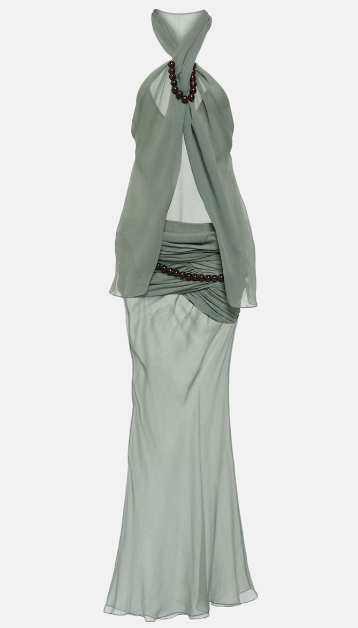 a sage green chiffon halter neck gown with brown beads at the neck and waist.