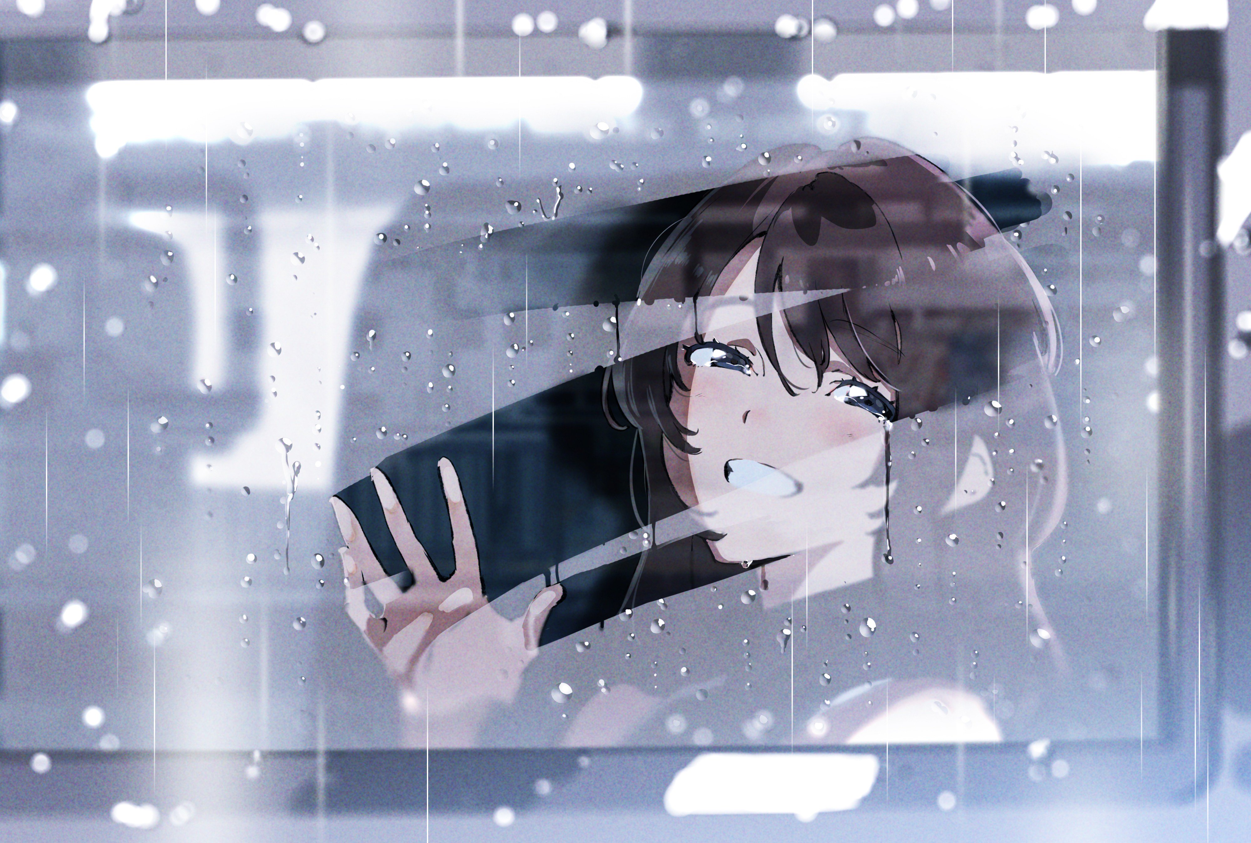 the image is a digital illustration of a young woman with brown hair visible through a rainstreaked window. she appears to be on a bus, as suggested by the blurry cityscape in the background. the rain creates a sense of melancholy, and the woman's expression is contemplative. her hand gently rests on the glass, adding to the introspective mood. the color palette is muted, reflecting the somber atmosphere of a rainy day.