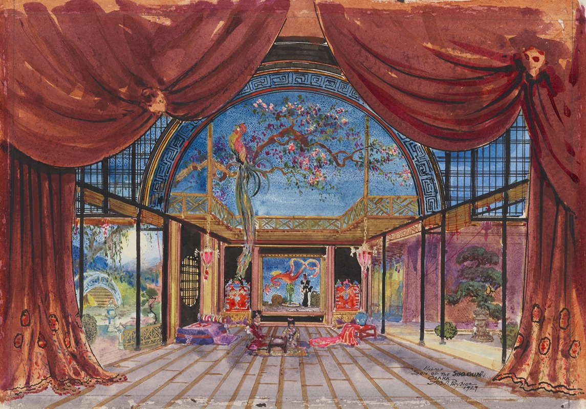 a watercolor painting depicts an ornate, orientalstyle interior, possibly a set design for a theatrical production, maybe titled "the shogun", or "son of the shogun", painted for the play osaka in 1929. large, decorative red curtains frame the sides of the view, draped and gathered, with decorative elements. the back wall is a rounded, arched structure with a blue backdrop painted with cherry blossoms and a vibrant peacock perched on a branch. the walls feature windows with gridded panes, and additional structures give the impression of balconies or raised platforms. in the center, there is a painting of figures in a theatrical scene. there are couches and cushions on the floor, and hanging lanterns. the floor is patterned with horizontal lines, giving a sense of perspective leading toward the back of the room. the color palette is rich, with reds, blues, golds, and touches of green.