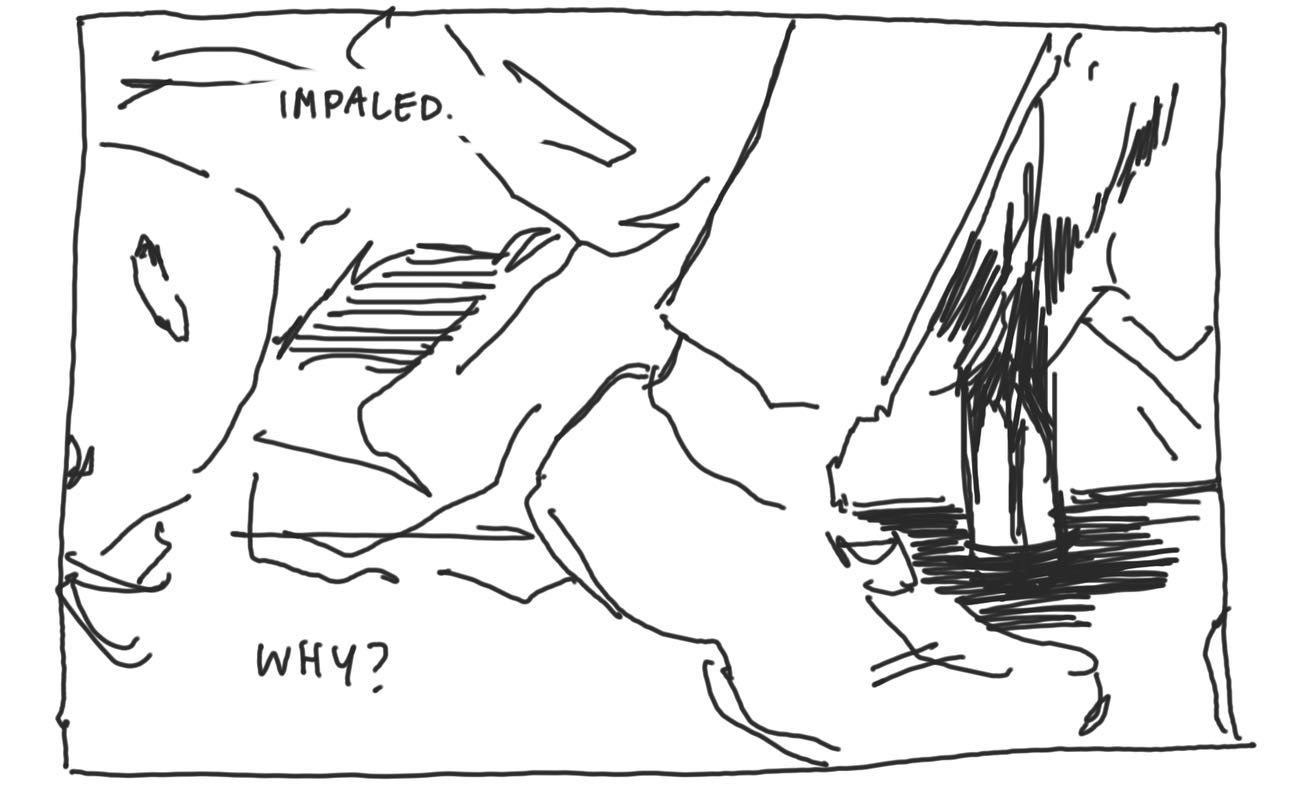 the image is a simple black and white line drawing. it appears to depict an abstracted figure with a sharp object piercing through a section labeled "impaled." the word "why?" is written below, suggesting questioning or distress related to the situation. the style is loose and expressive, prioritizing emotion and concept over realistic depiction.