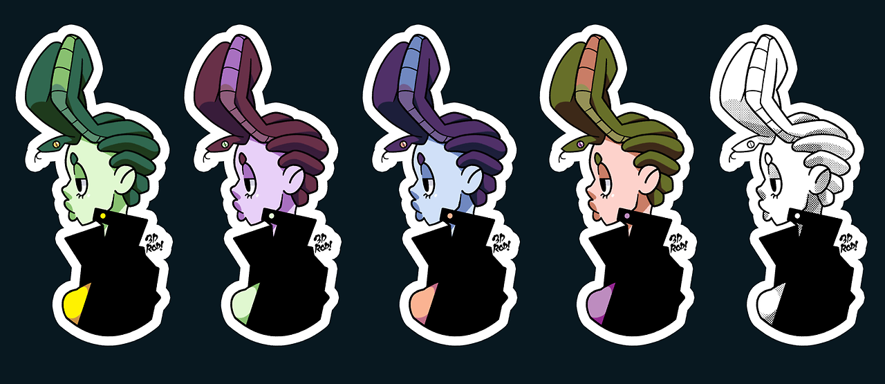 this image features five cartoon characters in the same pose but each one has a differently colored snake for their hair. the characters are all wearing black jackets. each character also has a different colored skin tone and hair color. they are all looking to the right. there are stickers around each character.