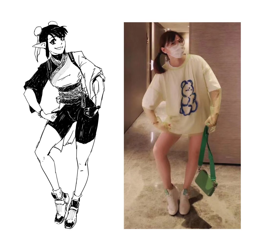 he image is a sidebyside comparison of an animestyle drawing of a female elf character and a photograph of a real woman wearing a similar outfit. the drawing on the left shows an elflike girl with pointed ears, wearing a darkcolored, stylized outfit reminiscent of asianinspired clothing, with short shorts and boots. she has a confident pose. the photograph on the right shows a woman with a similar hairstyle and outfit. the woman's shirt is lightcolored with a cartoon teddy bear graphic, and she is wearing lightcolored shoes.  both the drawing and the photo share stylistic similarities. the woman is wearing a face mask and is standing in a hallway.  the overall style suggests a cosplay or reallife interpretation of the anime character.