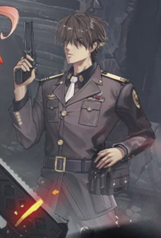 an animestyle man in a military uniform is holding a gun. he has dark hair, a serious expression, and is wearing a belt, tie, and a side bag. the uniform includes military insignia.