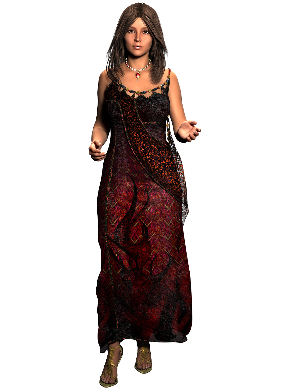 a digital image shows a woman standing against a black background. she is wearing a long, marooncolored dress with intricate patterns and a dark brown sash draped over her shoulder. she has brown hair and is wearing a necklace with a red pendant. on her feet are golden sandals. her hands are slightly outstretched.
