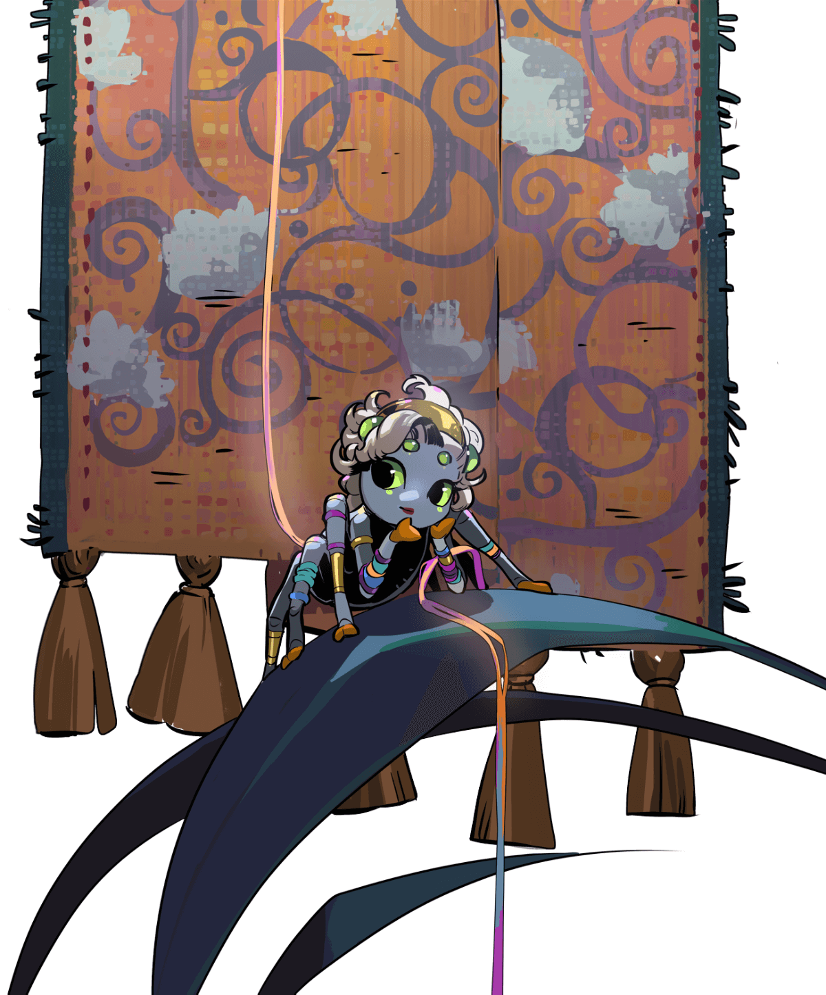 a cartoon depiction of a girl spider with a colorful thread hanging from a tapestry. the spider is wearing a purple dress and has a colorful thread hanging from her legs. the tapestry is decorated with swirling patterns and the background is white. the drawing has a whimsical and magical feel.